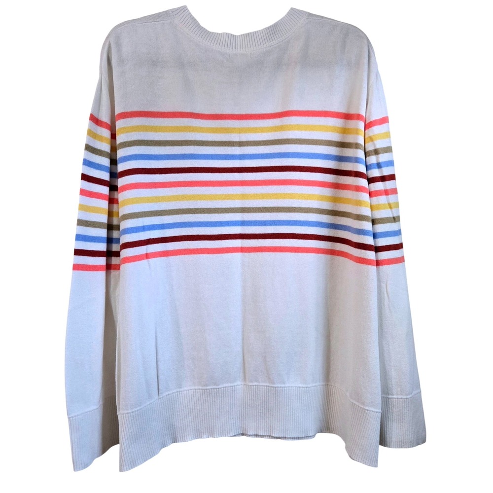 LL Bean Womens 2X Preppy Cotton Cashmere Striped Crewneck Sweater White Multi - Picture 9 of 9